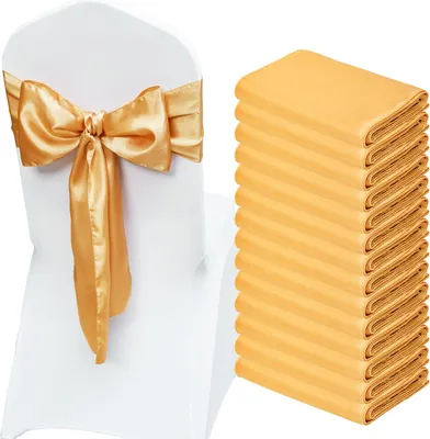 Produktbild von 50 Stück, Gold Stretch-Stuhlschärpen mit Schleifen aus Elasthan, Stuhlhussen & Stretch-Stuhlschärpen, Elastische Stuhlbänder, Passende Stuhldekoration für Hochzeiten, Partys und Feste