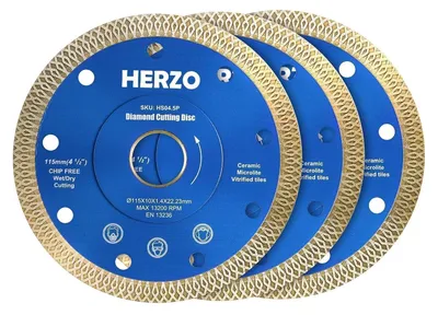 Zdjęcie produktu dla Zestaw 3 tarcz diamentowych do cięcia materiałów ceramicznych i płytek, o średnicy 115 mm, grubości 1,4 mm i otworu o średnicy 22,23 mm