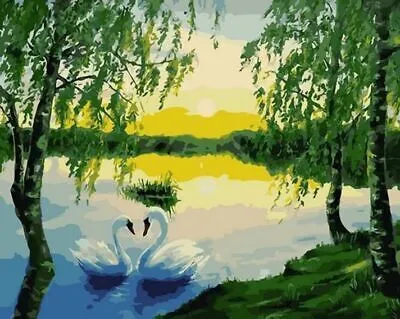 Produktbild von 50x40 cm Malen nach zahlen Set mit Holzrahmen Schwäne auf dem See