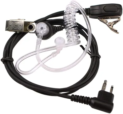A coiled acoustic tube earpiece with a microphone and a 2-pin connector, laid out on a white background.
