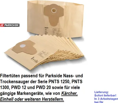Produktbild von 12x Parkside Filtertüten Staubsaugerbeutel Beutel Parkside PFT 20 A1 für 20l Nass- & Trockensauger 40-70mm 10-20cm auch geeignet Kärcher, Einhell
