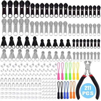 Image de TRANKIELO® - Kit de réparation de fermetures éclair comprenant 211 pièces, avec pince d'installation - argent et noir - métal durable - pour sacs et vêtements