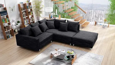 Produktbild von Wohnlandschaft Sofa Couch Ecksofa Eckcouch Gewebestoff schwarz + Hocker Minsk R