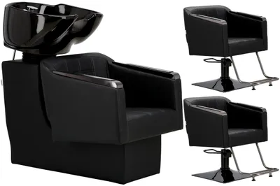 Produktbild von Pikos Set schwarz Friseursalon Waschbecken und 2x Friseurstuhl hydraulisch drehbar Höhenverstellung für den Friseursalon Waschbecken bewegliche Keramikschüssel Armatur Wasserhahn Dusche