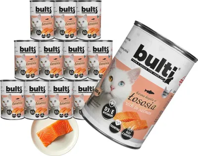 Produktbild von Bulti | Feuchtigkeitsspendendes Futter für Katzen Lachs - 12x400g - 65% Fleisch - 15% Lachs - Katzennamen
