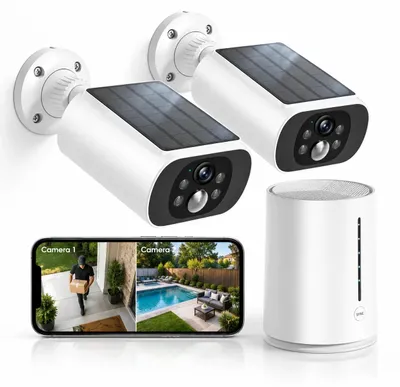 Produktbild von TWUFY 2K 4MP überwachungskamera Außen Solar Akku 2er Set kabellos mit Basisstation ohne Abonnement lokaler Speicher aktive Sirene Farb Nachtsicht