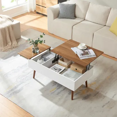 Produktbild von Couchtisch mit Stauraum 'Flesen' 2-teilige Tischplatte 92 x 52 x 41 cm Weiß / Walnussoptik