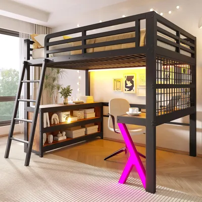 Produktbild von Flieks Etagenbett 140x200cm mit Led, Kinderbett Jugendbett mit Schreibtisch und Gitterregal, Hochbett Metallbett mit Schrank, Stockbett Schwarz