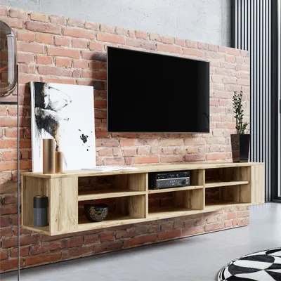 Obrázek produktu pro Selsey WERI - TV stolek / TV nástěnná skříňka dub Wotan se 6 otevřenými přihrádkami, minimalistická, šířka 175 cm