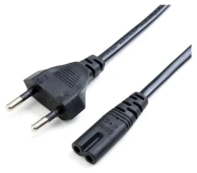 A black power cord with two different plugs on each end, shown against a white background.