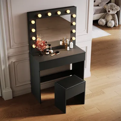 Schminktisch Hocker Höhenverstellbar 55–65 Cm – Schwarz Mit Silberner Basis, PU-Leder