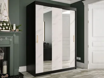 Obrázek produktu pro Šatní skříň 150 cm se zrcadlem CARSON 1 - bílý mramor / černá / zlatá