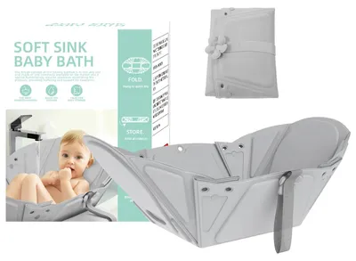 Obrázok produktu pre Detská vaňa – skladateľná cestovná vaňa – úspora miesta – prenosná – s uzáverom odtoku – pre domáce použitie aj na cesty – polyester – sivá