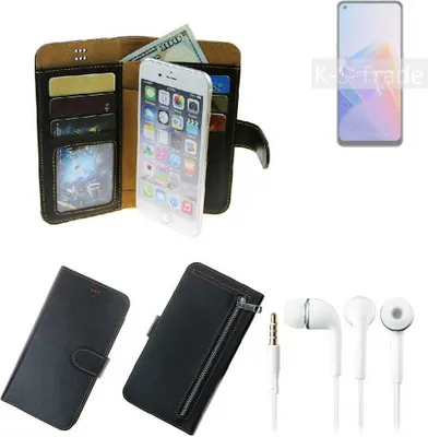 Produktbild von TOP SET Handy Hülle Schutz Hülle kompatibel mit Oppo Reno7 Z 5G  schwarz aus Kunstleder + Kopfhörer Smartphone Tasche vollwertige Geldbörse