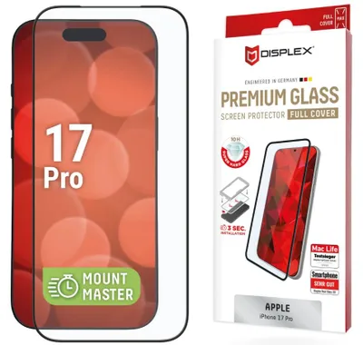 Produktbild von Displex Premium Panzerglas (Full Cover, 10H) für Apple iPhone 17 Pro,MountMaster Full Cover, Apple, iPhone 17 Pro, Stoßfest, Staubresistent, Schlagfest, Kratzresistent, Schockresistent, Transparent, 1 Stück(e)