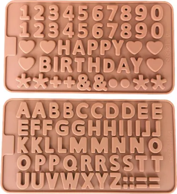 Produktbild von Happy Birthday Alphabet Schokoladen-Silikonform, braune Schokoladenform, Buchstaben und Zahlen, Silikonform für Schokoriegel, Energie- und Proteinriegel, Eiswürfel, Süßigkeiten – 2 Stück