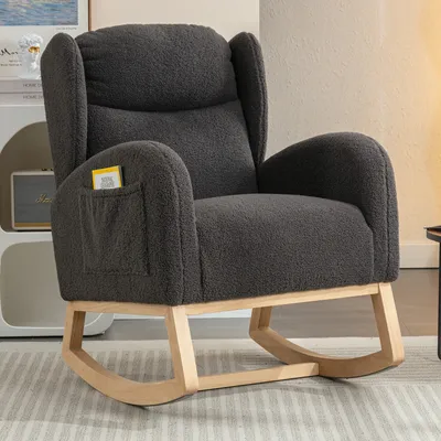 Immagine prodotto di okwish Sedia a dondolo con braccioli, poltrona con base in legno, sedia a dondolo per il relax con schienale, ideale per il soggiorno, poltrona imbottita, Sedia a dondolo, Grigio scuro
