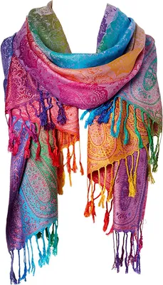 Produktbild von Damen Schal Bunt XXL mit Fransen – Weiche Pashmina Stola im Regenbogen Paisley Design, ganzjährig A0318