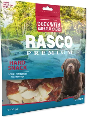 Zdjęcie produktu dla Przysmak Skóra bawola Rasco Premium z kaczką, sęki 5cm 500g
