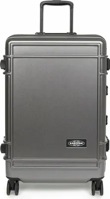 A gray Eastpak suitcase is shown from the front on a white background.