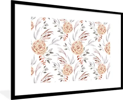 Produktbild von MuchoWow® Gerahmtes Poster Rosen - Blätter - Weiß 90x60 cm - Poster mit Schwarzem Bilderrahmen Wandposter Rahmen Foto Bilder - Wanddekoration - Fotos