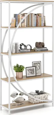 A white bookshelf with wooden shelves and white metal frame, decorated with books and ornaments.