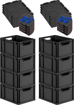 Produktbild von SuperSparSet 8x Eurobox NextGen Grip mit Scharnierdeckel und blauen Schiebeschnappverschlüssen | HxBxT 22x30x40cm | 20 Liter | Schwarz | Griffe offen | Eurobehälter, Transportbox, Transportbehälter, Stapelbehälter
