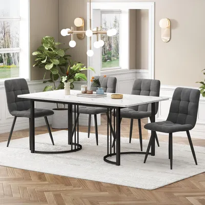 Obrázok produktu pre Jedálenská zostava: stôl a 4 stoličky, rozmer stola 140x80 cm, farba: biela/čierna, sivý zamat, kovové nohy