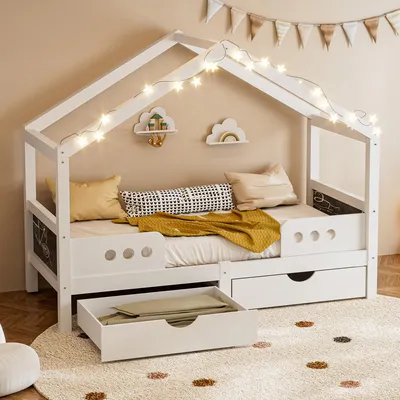 Produktbild von okwish Jugendbett 90×200 Kinderbett ohne Matratze mit 2 großen Schubladen,Einzelbett Holzbett mit Dachdesign,Weiß