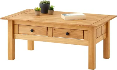 Image de Table basse avec tiroirs - Table de salon - Rangement et décoration - Bois massif en pin - 100 x 60 cm - Teintée et vernie
