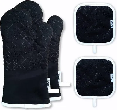 Productafbeelding van Unyqoos® Prival ovenwanten-set – 2 ovenwanten + 2 pannenlappen, hittebestendig tot 300°C, antislip siliconen honingraatstructuur, katoenen voering, 33 cm, zwart