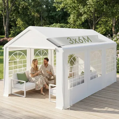 Productafbeelding van UISEBRT 3x6 meter witte feesttent, paviljoen met stalen buisframe, afneembare zijwanden met ramen, gereedschapsvrije montage, geschikt voor tuinfeesten en bruiloften