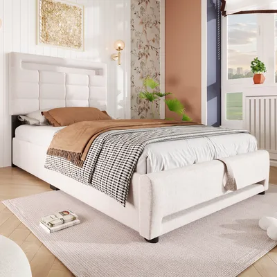 A bedroom scene with a bed as the main focus, decorated with bedding and a throw blanket. The room has decorative wallpaper and a window with a view of a city.