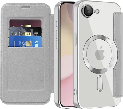 A phone case with card slots and a phone with a magnetic ring on the back.