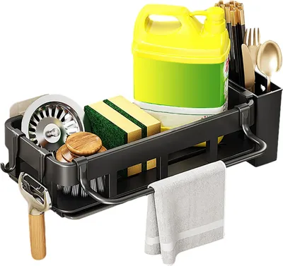 Produktbild von Spülbecken Organizer Schwammhalter Spülbürstenhalter mit Handtuchhalter Abfluss Pfanne und Haken Spülorganizer für KücheBadezimmer,
