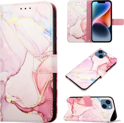 Produktbild von iPhone 15 Plus Hülle, Marmor Motiv Kunstleder Tasche Wallet Kartenfächer mit Standfunktion Klapp Schutzhülle für iPhone 15 Plus Pink Weiß