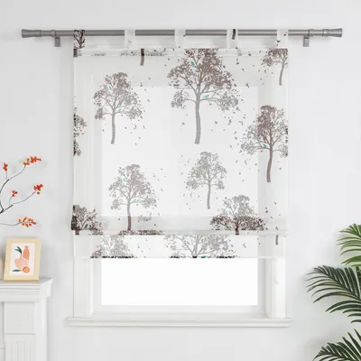 Produktbild von Joyswahl Raffrollo mit Schlaufen Voile Küche Gardinen mit Kaffeebäumen modern Raffgardinen Halbtransparent Weiß BxH 60x140cm
