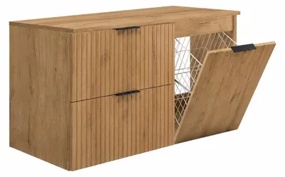 Image de Ensemble de meubles de salle de bain comprenant un panier à linge et une étagère, poignées noires, finition chêne "Craft", dimensions : 100 x 46 x 57 cm