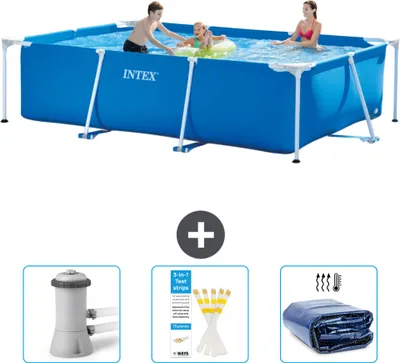 Produktbild von Intex-Schwimmbecken mit rechteckigem Rahmen – 300 x 200 x 75 cm – Blau – im Lieferumfang enthalten Filterpumpe für Schwimmbad - Teststreifen - Sonnensegel