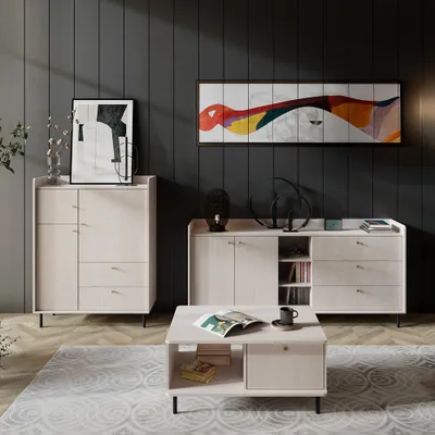 Produktbild von Wohnzimmer Set in sandbeige, Sideboard Highboard & Couchtisch 3-teilig modern - GORICA-133