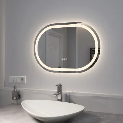 Produktbild von EMKE LED koupelnové zrcadlo 70x50cm koupelnové zrcadlo bez mlhy osvětlení 3 světla barevné světlo zrcadlo koupelnové zrcadlo kulaté polygonové nástěnné zrcadlo s dotykovým spínačem IP44 energeticky úsporné nastavitelné světlo