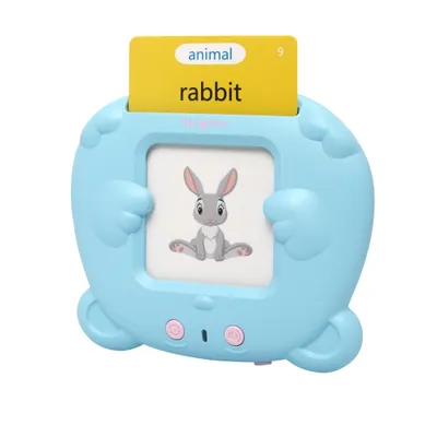 A blue electronic learning device for children, shaped like a cartoon animal, displaying a card with a rabbit image and text.
