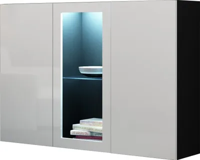 Produktbild von Furniture24 Kommode Vigo 3 türiger Wohnzimmerschrank Sideboard Hängeschrank mit Led Beleuchtung Schwarz/Weiß Hochglanz