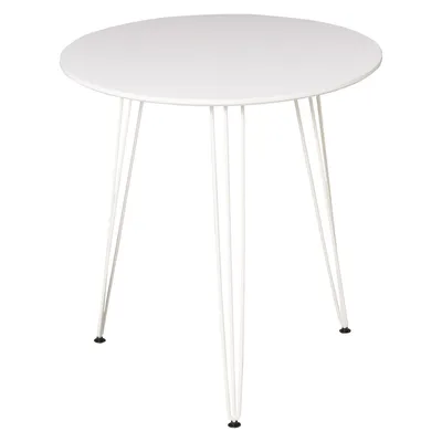 A round white table with three white metal legs on a white background.