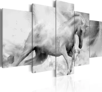 Produktbild von Leinwandbilder Abstrakt 200x100 cm Vlies Leinwandbild 5 tlg Kunstdruck modern Wandbilder XXL Wanddekoration Design Wand Bild - Tiere laufendes Pferd weiss Abstrakt 020101-14
