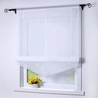 Imagen del producto de Unyqoos® Cortina translúcida de voile, 100% poliéster – Bordado floral, cordón y cintas de satén, color blanco, 80 x 140 cm