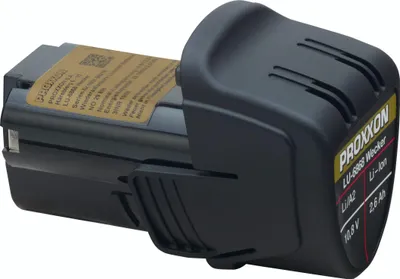 A close-up studio shot of a Proxxon battery pack for a power tool.