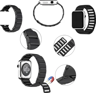 Image de Bracelet de remplacement magnétique en acier pour Apple Watch Series 9, 8, 7, 45 / 6, SE, 5, 4, 44 / 3, 2, 1, 42 mm - Noir - Montre connectée - Neuf