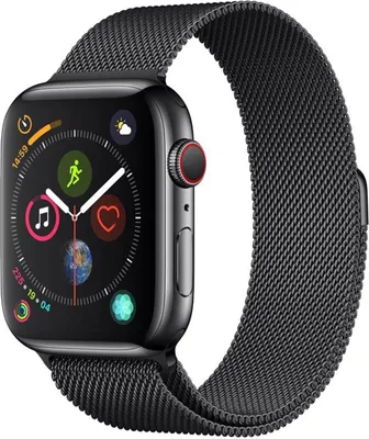 A black Apple Watch with a Milanese loop band is shown against a white background.