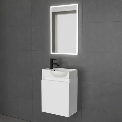 Produktbild von Alpenberger Badezimmermöbel Set | Gäste WC Waschtisch mit Unterschrank | Badschrank Schmal mit Badspiegel | Badezimmer Spiegel  | Waschbeckenunterschrank